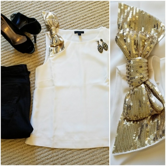 NWT J. Crew Ivory Airy Tank with Gold Sequins Bow - Picture 4 of 7